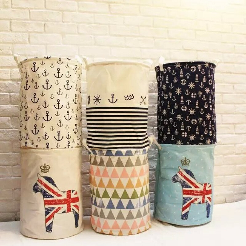 日系田園卡通貓咪帆布束口臟衣籃 黑底船錨款的家居收納美學